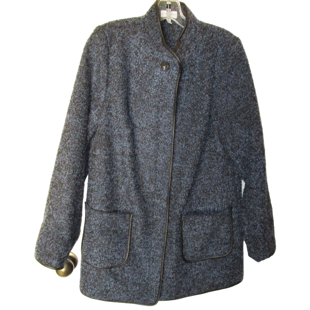 SUSAN GRAVER Blue Black Boucle Zipper Pockets Light Jacket Coat 14 L XL Y2K Cozy